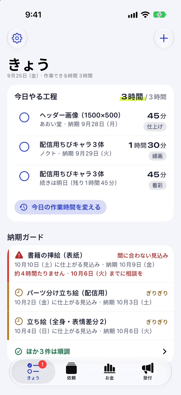 きょうタブ。今日やる工程と納期ガード